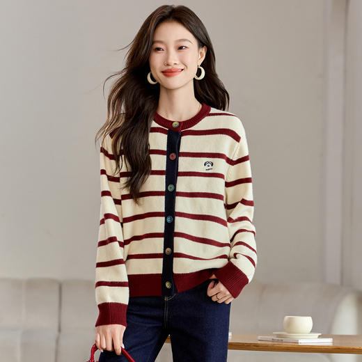 CC-QL-W8521圆领条纹毛衣开衫外套女2024春秋新款加厚宽松港风上衣女针织外搭 商品图1