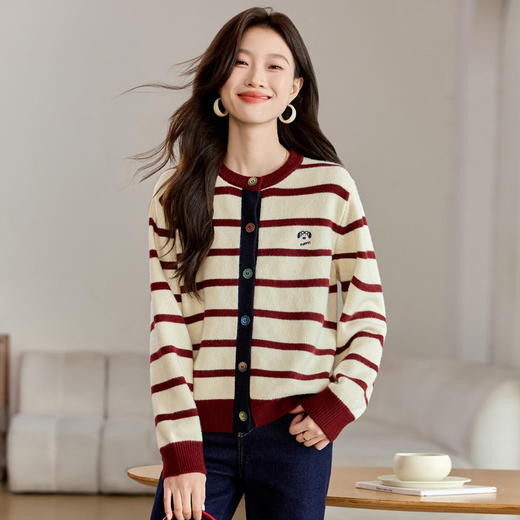 CC-QL-W8521圆领条纹毛衣开衫外套女2024春秋新款加厚宽松港风上衣女针织外搭 商品图2