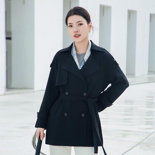 【双排扣短款风衣】24年秋冬新品女士西装款通勤黑色系带收腰上衣外套 商品图0