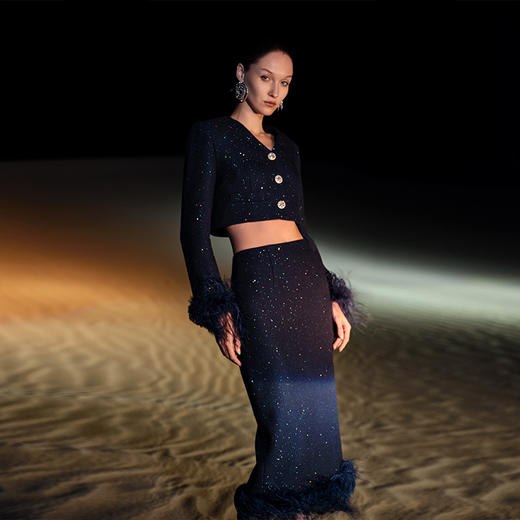 【顺丰包邮】99859 洛诗琳珠片毛呢鸵鸟毛外套优雅羽毛半裙两件套A811 商品图1