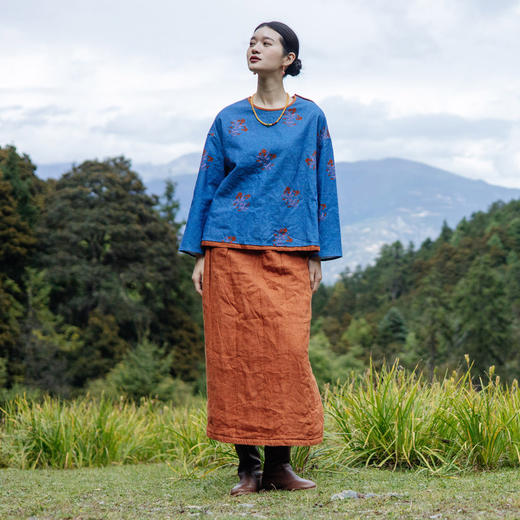 绽放旅行女装785朵/冬季士林色织亚麻松紧腰绗棉百搭半身中长裙 商品图3