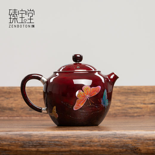 【样品特惠7折，仅1件，无货退款】臻宝堂银壶大漆苹果壶999纯银泡茶壶纯手工制作高档茶具足银茶壶大漆苹果壶-蝶舞生平150ml 商品图0