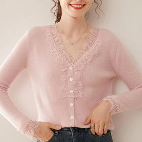 【自】全新升级【铂金会员422/天猫569/差价147】(21706) 洛诗琳鄂尔多斯100纯羊绒蕾丝花边V领针织羊绒开衫女