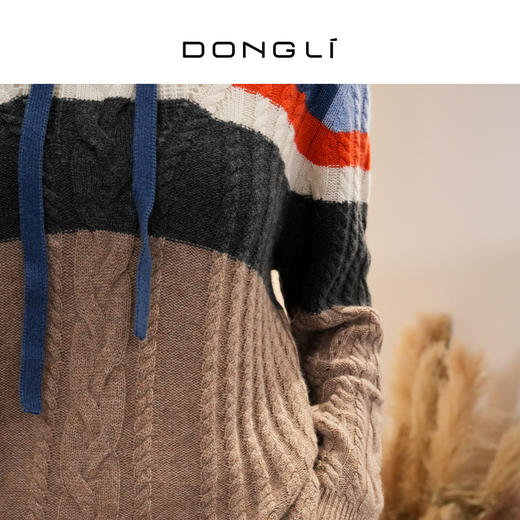 DONGLI&张继成联名款 山羊绒 女士秋冬针织连帽卫衣宽松撞色绞花220421 商品图4