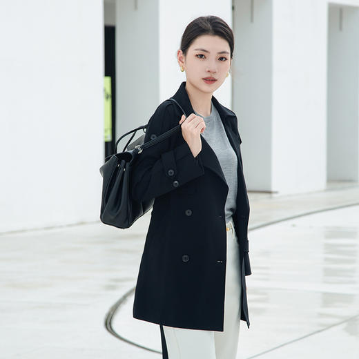 【双排扣短款风衣】24年秋冬新品女士西装款通勤黑色系带收腰上衣外套 商品图2