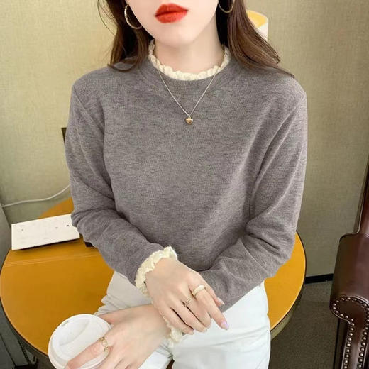 秋冬新款【加绒加厚打底衫】内搭秋冬新款蕾丝花边 德绒半高领保暖长袖上衣  商品图6