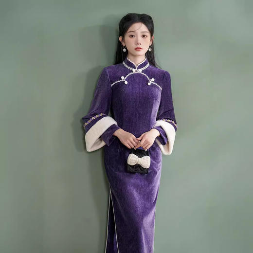 改良日常国风倒大袖，假两件年轻款紫色旗袍XL1125 商品图3