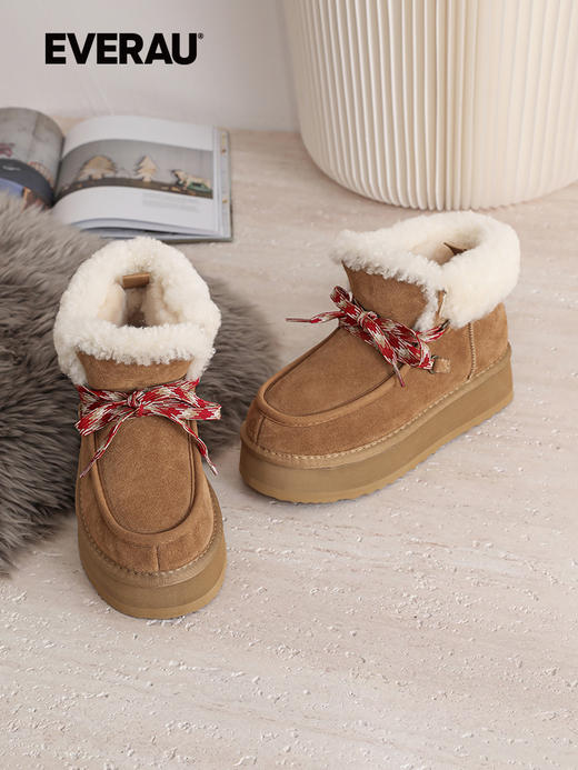 EVERAU女士冬季新款系带厚底雪地靴翻毛厚底增高UEA3011 商品图2