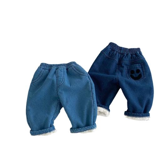 【时尚洋气笑脸设计，宝宝穿着舒适暖和】儿童笑脸牛仔裤 0-5岁冬季男女宝宝洋气时尚 加绒笑脸牛仔裤-QQ 商品图4