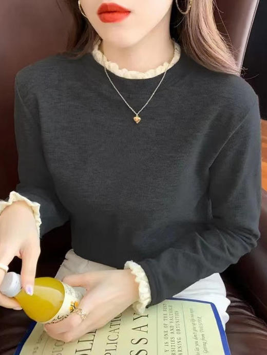 秋冬新款【加绒加厚打底衫】内搭秋冬新款蕾丝花边 德绒半高领保暖长袖上衣  商品图4