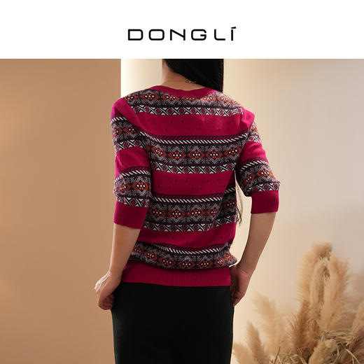 DONGLI&张继成 联名款 女士春秋针织圆领羊绒衫短袖挑孔红色  220383 商品图4
