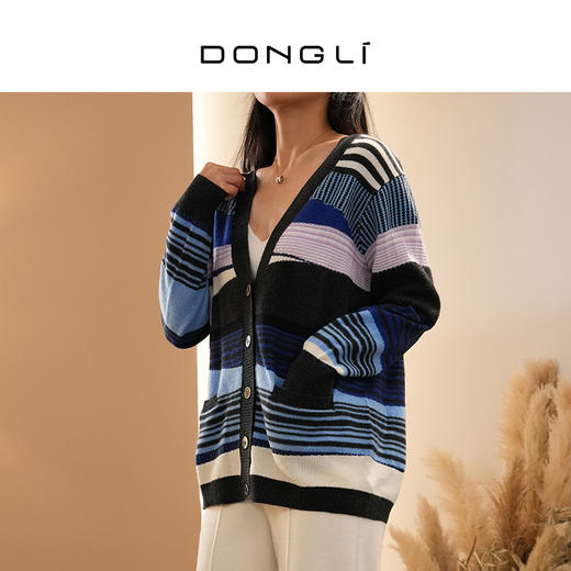 DONGLI&张继成联名款 山羊绒 女士秋冬针织V领开衫宽松条纹撞色220194 商品图3