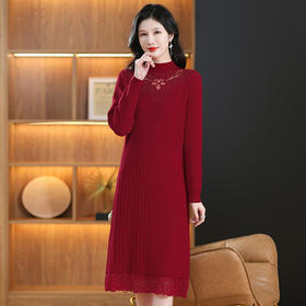 CC-MH-347半高领加绒加厚连衣裙女冬季2024新款配大衣中长款蕾丝打底毛衣裙