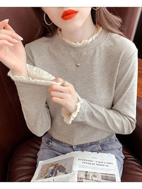 秋冬新款【加绒加厚打底衫】内搭秋冬新款蕾丝花边 德绒半高领保暖长袖上衣 