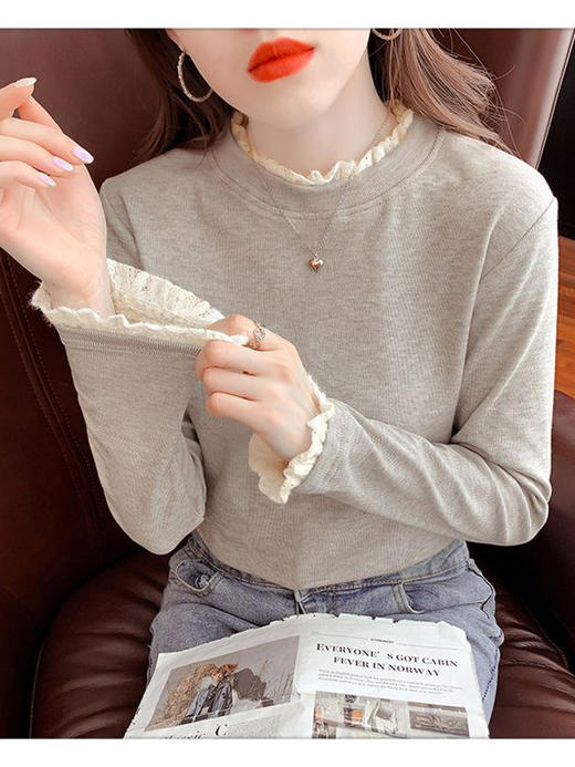 秋冬新款【加绒加厚打底衫】内搭秋冬新款蕾丝花边 德绒半高领保暖长袖上衣  商品图0