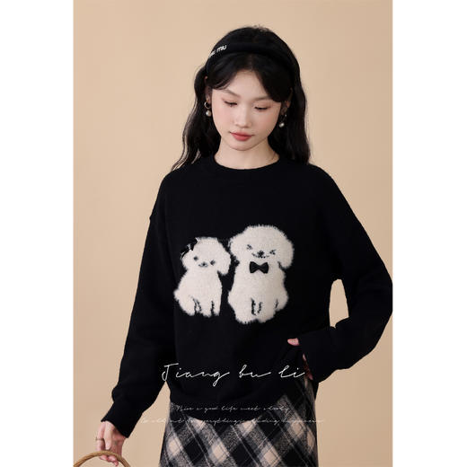 鹿向南【狗狗日记】黑色慵懒圆领套头针织衫设计感毛衣2024女秋冬 商品图2