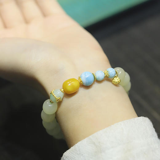 【宫里手串】和田玉老型珠搭配蜜蜡海纹石手串8*9mm 商品图1