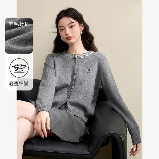 绵羊毛圆领亮片蝴蝶刺绣针织衫女早春气质高级感上衣V3842609 商品图0