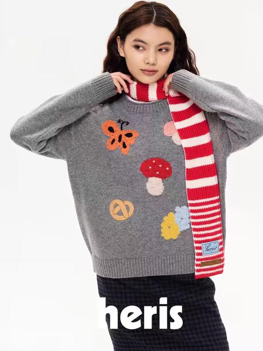 heris/H44102/蘑菇房间图案宽松圆领套头毛衣 商品图0