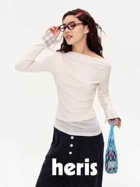 heris/H44114/斜肩一字领 针织拼接不对称 长袖上衣