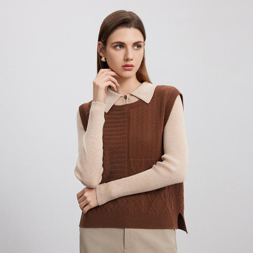 【无袖绞花针织马甲】羊绒世家秋冬新品女士100%山羊绒圆领套头针织衫 商品图0