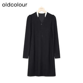 oldcolour冬新款黑色简约气质宽松显瘦V领长袖连衣裙女P441005A1