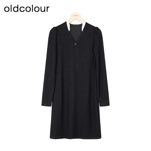 oldcolour冬新款黑色简约气质宽松显瘦V领长袖连衣裙女P441005A1 商品图0