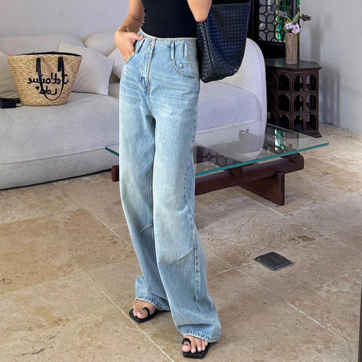 【顺丰包邮】11927 洛诗琳高级感褶皱设计高腰显瘦直筒牛仔裤013 商品图1