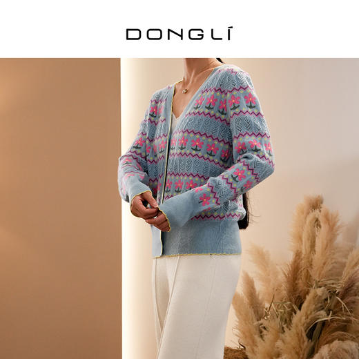 DONGLI&张继成联名款 山羊绒 女士秋冬针织V领开衫复古宽松提花220318 商品图2