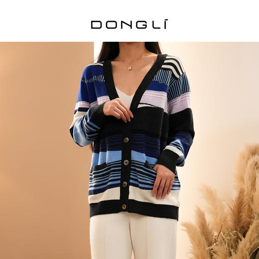 DONGLI&张继成联名款 山羊绒 女士秋冬针织V领开衫宽松条纹撞色220194 商品图1