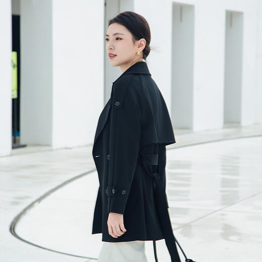 【双排扣短款风衣】24年秋冬新品女士西装款通勤黑色系带收腰上衣外套 商品图3