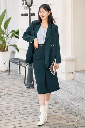 Le Malene 复古墨绿西装开衩半裙套装 14468