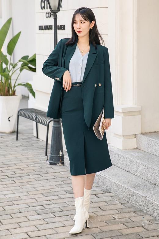 Le Malene 复古墨绿西装开衩半裙套装 14468 商品图0