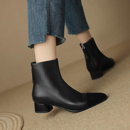 【预售5天】小香风拼色短靴女秋冬新款加绒马丁靴粗跟裸靴法式羊皮瘦瘦靴SSS&5387 商品图2
