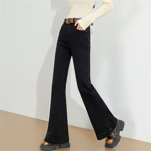经典复古弹力水洗牛仔裤女秋季修身显瘦微喇裤搭腰带V0043891 商品图3