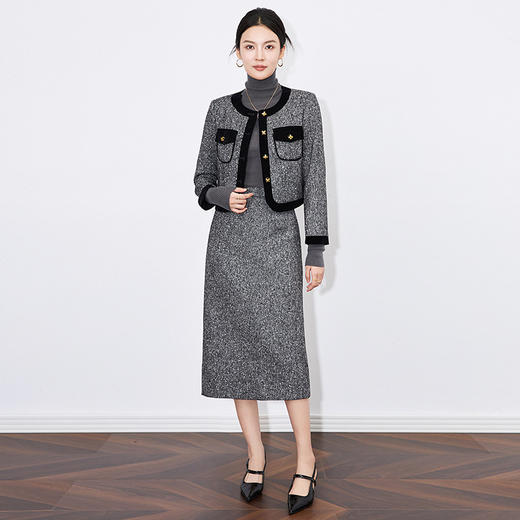 【高货wl】全新升级【铂金会员413/天猫559/差价146】(20927)洛诗琳小香风高级感法式撞色短款上衣时尚半身裙两件套 商品图3