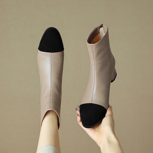 【预售5天】小香风拼色短靴女秋冬新款加绒马丁靴粗跟裸靴法式羊皮瘦瘦靴SSS&5387 商品图3