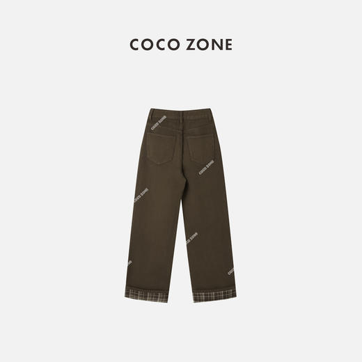 COCO ZONE 美拉德秋冬薄绒格纹翻裤脚直筒牛仔裤23C19830 商品图1