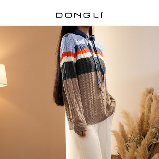 DONGLI&张继成联名款 山羊绒 女士秋冬针织连帽卫衣宽松撞色绞花220421 商品图1