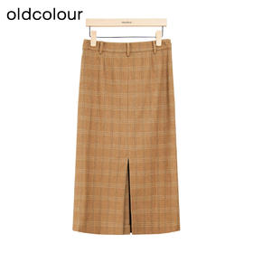 oldcolour冬季新款休闲复古开叉直筒显瘦格子半身裙女P450604A1