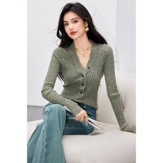 日系拼色假两件针织衫女 秋冬装V领收腰显瘦气质开衫上衣 商品图8