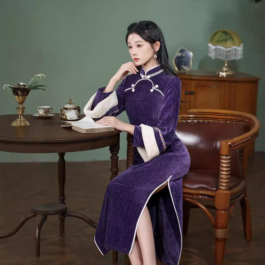 改良日常国风倒大袖，假两件年轻款紫色旗袍XL1125 商品图2