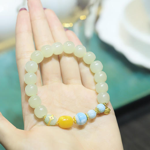 【宫里手串】和田玉老型珠搭配蜜蜡海纹石手串8*9mm 商品图3