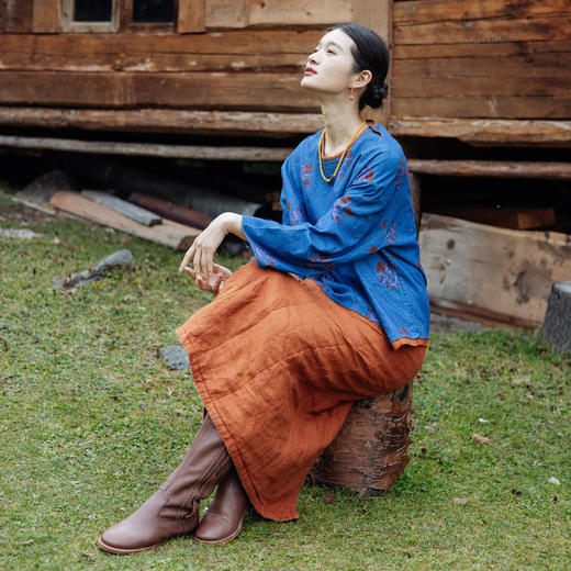 绽放旅行女装785朵/冬季士林色织亚麻松紧腰绗棉百搭半身中长裙 商品图2