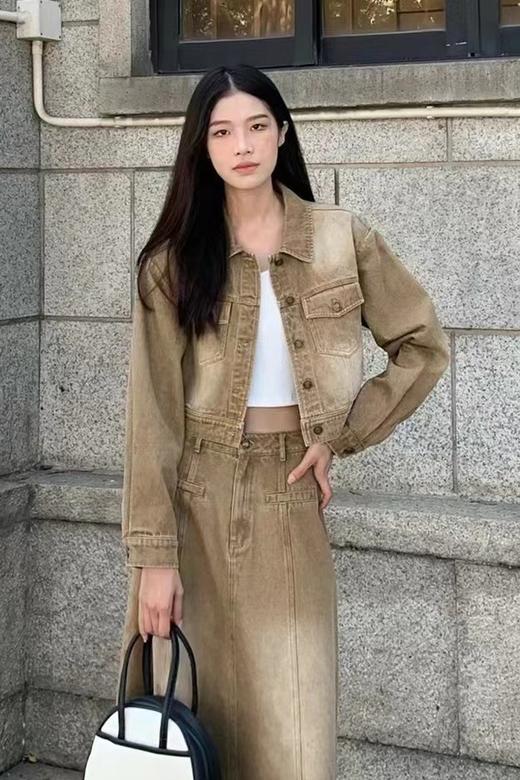 WHO KNOWS 复古卡其色做旧牛仔外套半裙套装 19263 商品图2