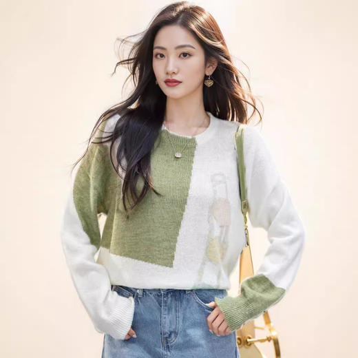 日系拼色假两件针织衫女 秋冬装V领收腰显瘦气质开衫上衣 商品图9