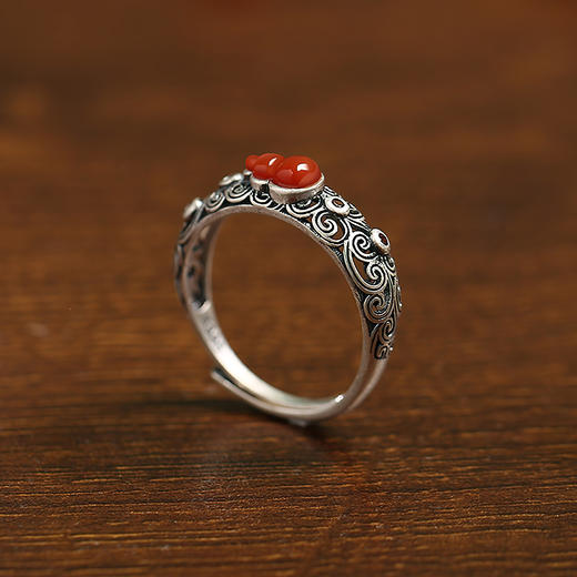 Winy925纯银花丝福禄戒指新中式玛瑙指环送送女友送闺蜜节日生日礼物 商品图0