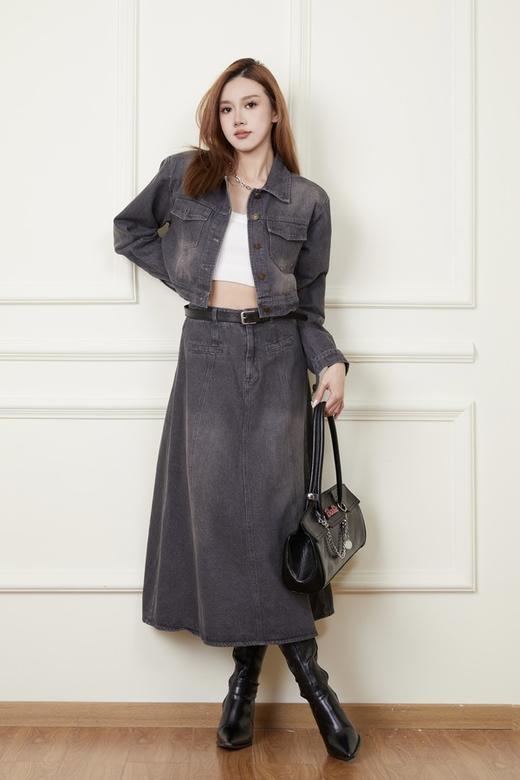 WHO KNOWS 复古黑灰色牛仔外套半裙套装 19260 商品图2