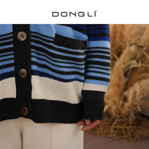 DONGLI&张继成联名款 山羊绒 女士秋冬针织V领开衫宽松条纹撞色220194 商品图5