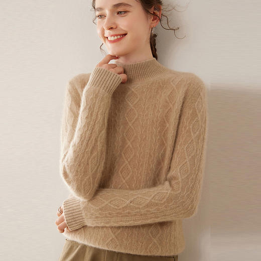 【自】全新升级【铂金会员514/天猫699/差价185】(20252) 洛诗琳复古麻花半高领套头山羊绒毛针织衫显瘦麻花羊绒衫 商品图1